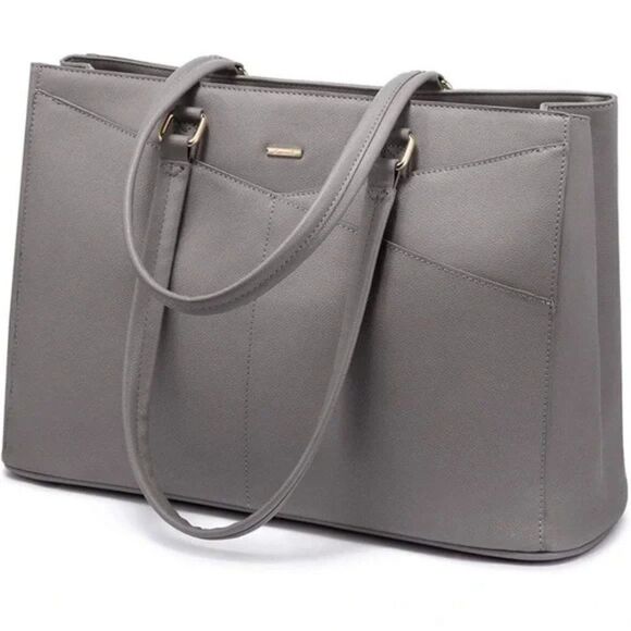 Laptop Tote Bag Grey 15.6 Inch Waterproof PU Leather Handbag - Picture 1 of 15